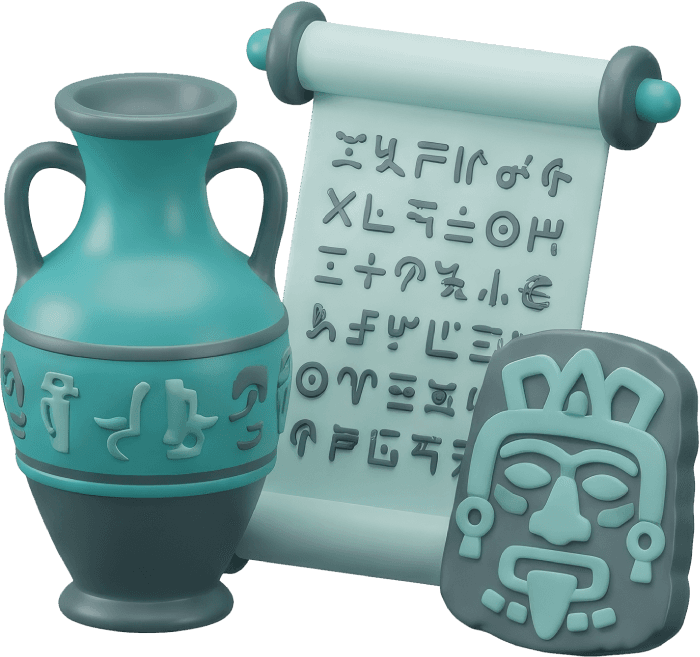 Illustration of cultural artifacts, pottery, and heritage objects