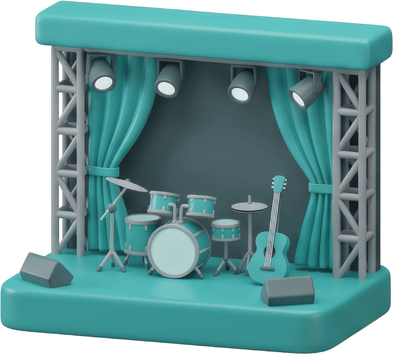 Illustration of a cultural performance stage with instruments